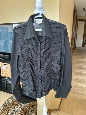 VTG Jessica Black Semi Sheer Ruched Button-Up Blouse